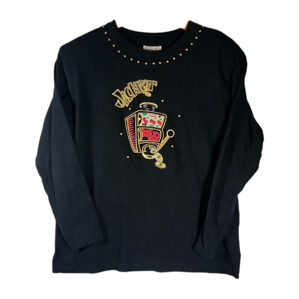 80s VTG Tia Designs Jackpot Vegas Embroidered Studded Long sleeve Top RARE SZ M